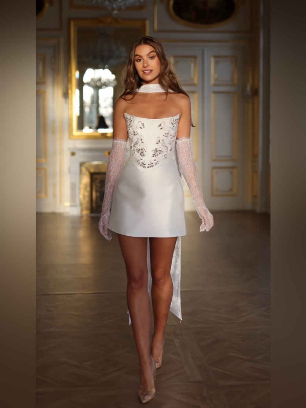 White Embroidered Strapless Mini Dress with Sheer Lace Gloves